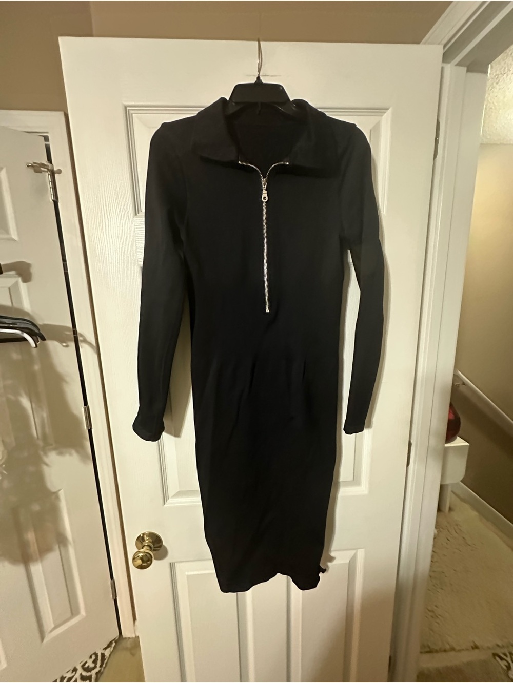 Sleek Black Midi Dress with Zip-Front Collar